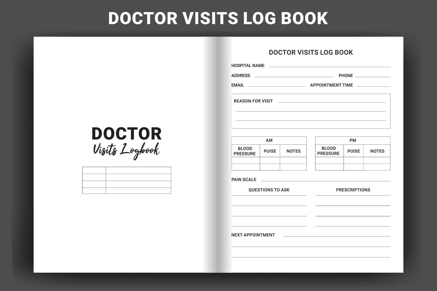 Doctor Visits Logbook, Health Care Log Book and medical Tracker. Doctor visiting logbook. Male doctor line art with stethoscope vector. Medical notebook. Medical Visit Log Book. vector