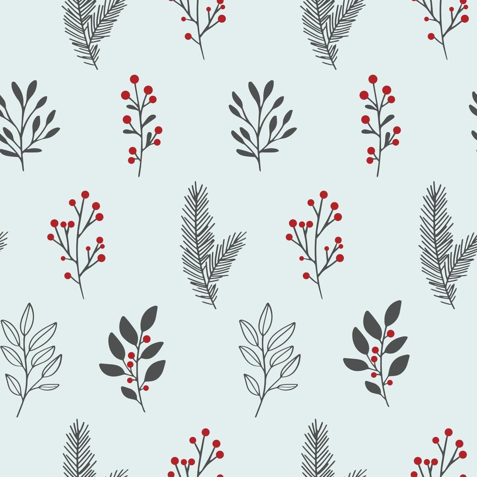 Hand drawn vector winter floral pattern. Seamless background with winter branches and leaves. Hand drawn floral elements. Vintage botanical illustrations.