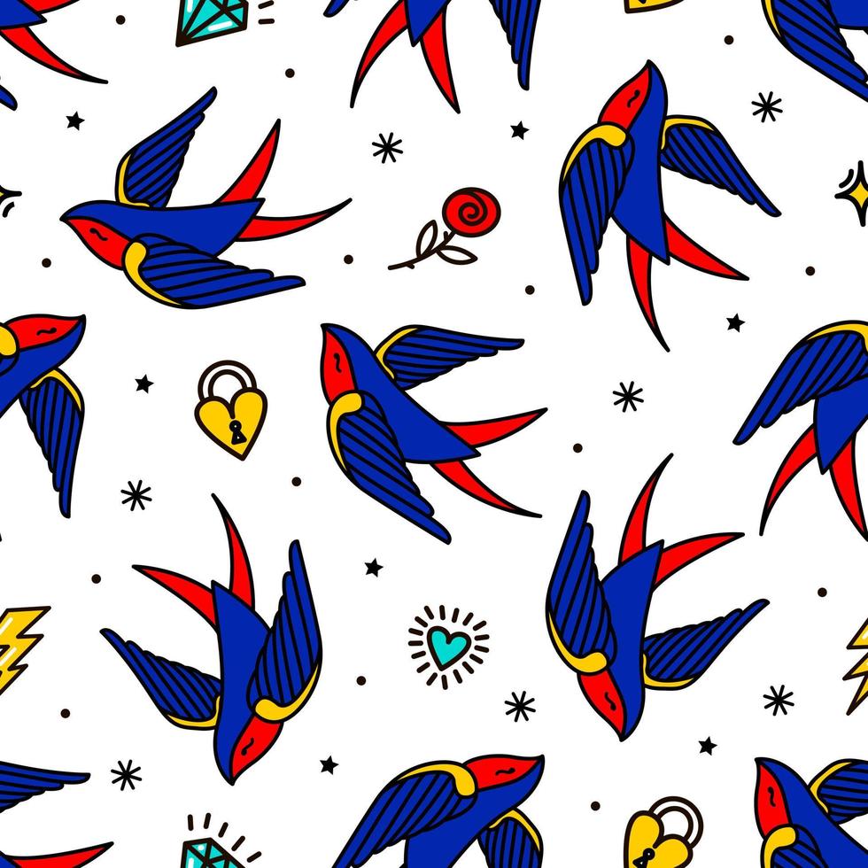 pattern with swallows in old-school tattoo style vector