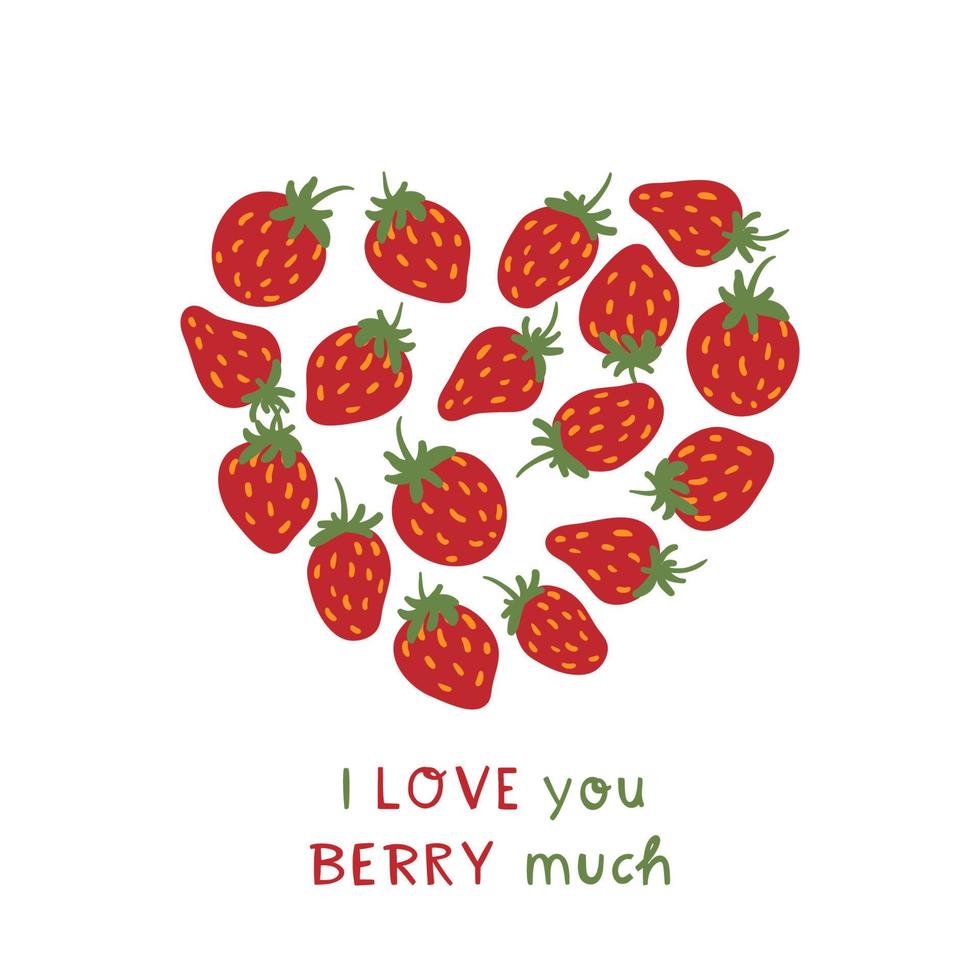 te amo baya mucho vector tarjeta de verano. eslogan divertido, cita con corazón de fresa. juego de palabras de amor, mensaje inspirador para camiseta, impresión de tarjeta, afiche, taza, caja de teléfono. lindas fresas.