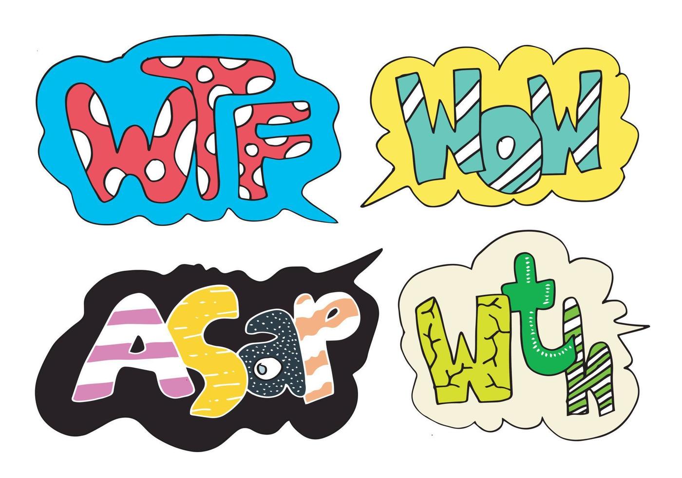 Set of Comic Text, Vector Comic Speach, Pop Art style.WTF, WTH, WOW and ASAP funny text bubbles