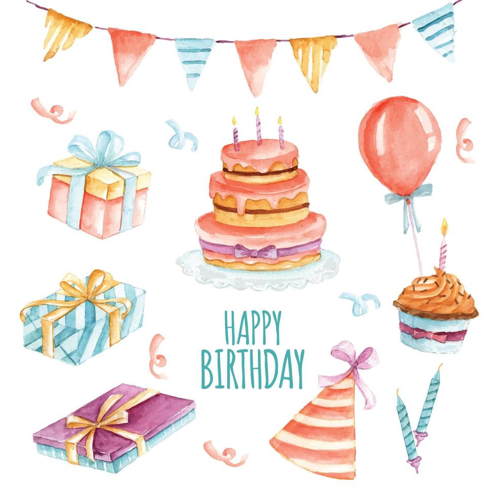 Watercolor Happy Birthday Clipart vector Illustration