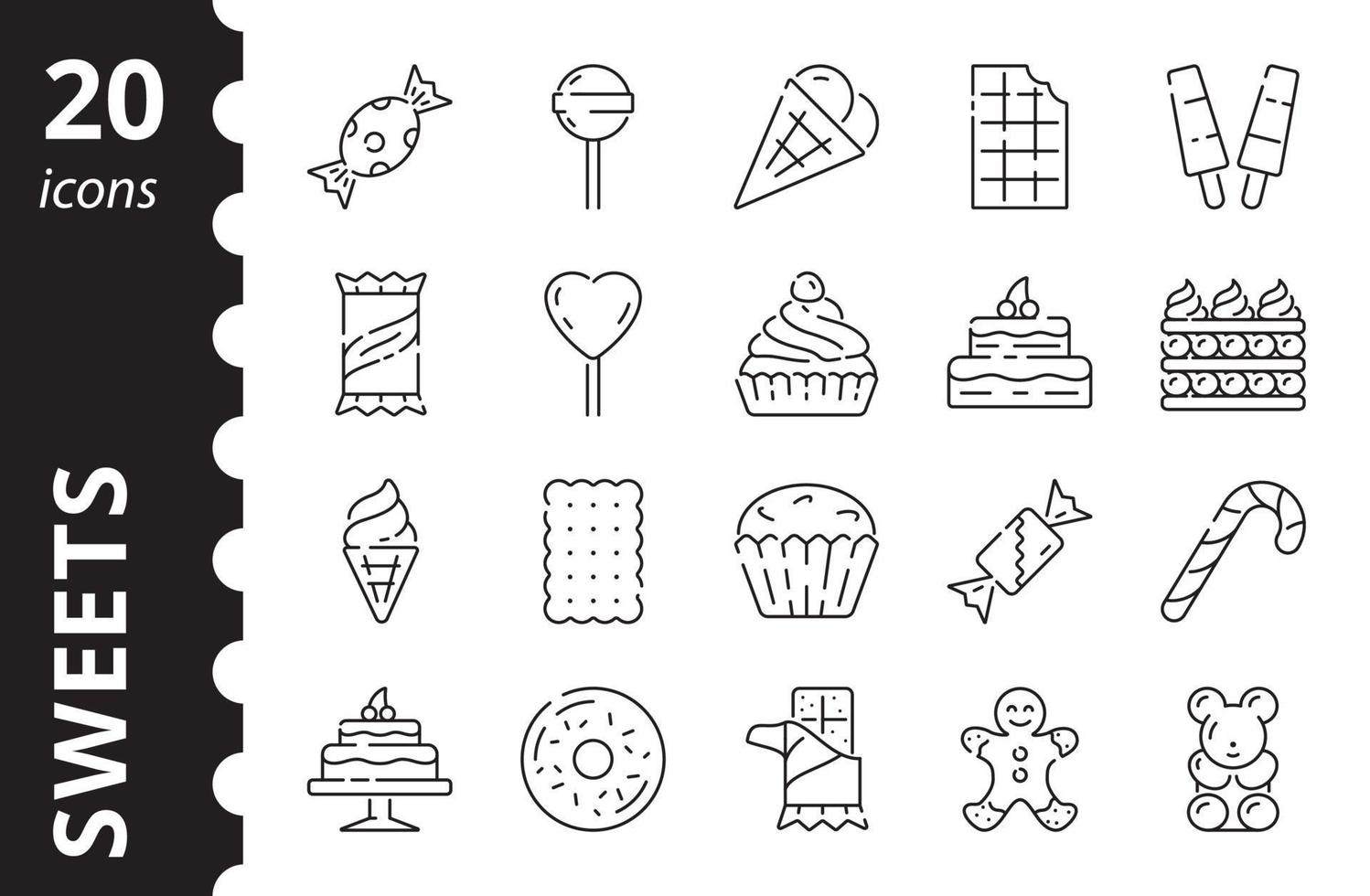 dulces dulces, helados, pasteles, galletas, barra de chocolate. iconos lineales en un vector. vector