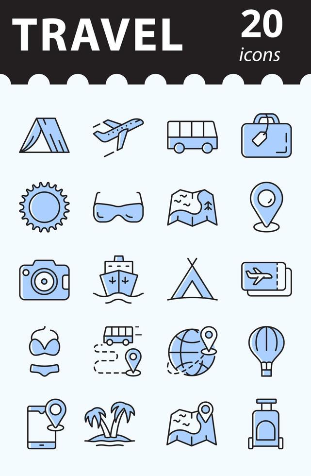 conjunto de iconos de viaje y gira. concepto de turismo. símbolos vectoriales lineales simples en color. vector