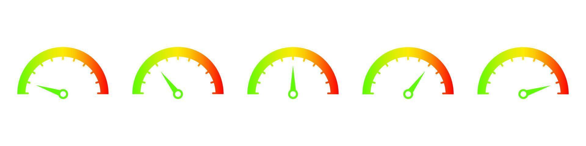 Speedometers showing ascending speed icon. Indicator with arrow green beginning progress and turning into red dangerous assessment performance and vector quality