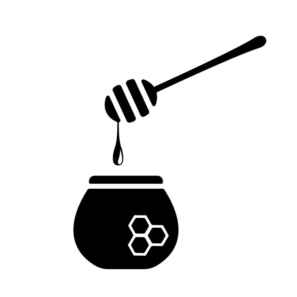 Honey pot with black honey dipper. Sweet organic liquid flows down wooden spoon into ceramic vessel with vector honeycomb symbol