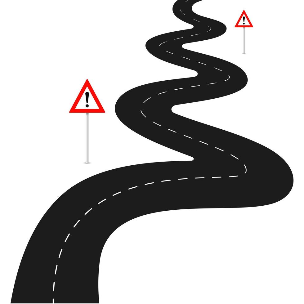 Winding road with dangerous turns. Black asphalt curve path with white dotted line markings and red warning triangular vector signs