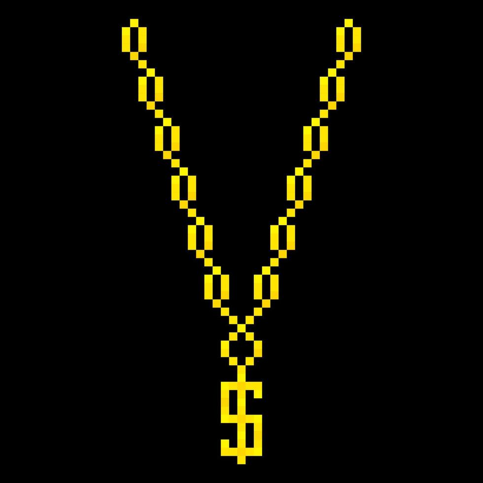 cadena de oro con icono de píxel de símbolo de dólar. lujoso collar de rapero rico para la fiesta del juego hip hop cultural con un costoso tesoro vectorial vector