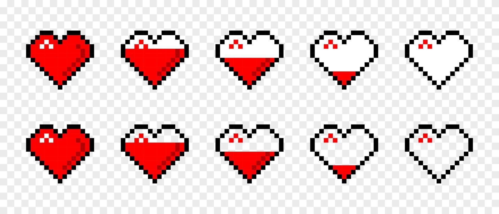 Filling red hearts descending pixel icon. Romantic abstract symbols with gradual loss love and fading warm feelings decoration for vector game industry