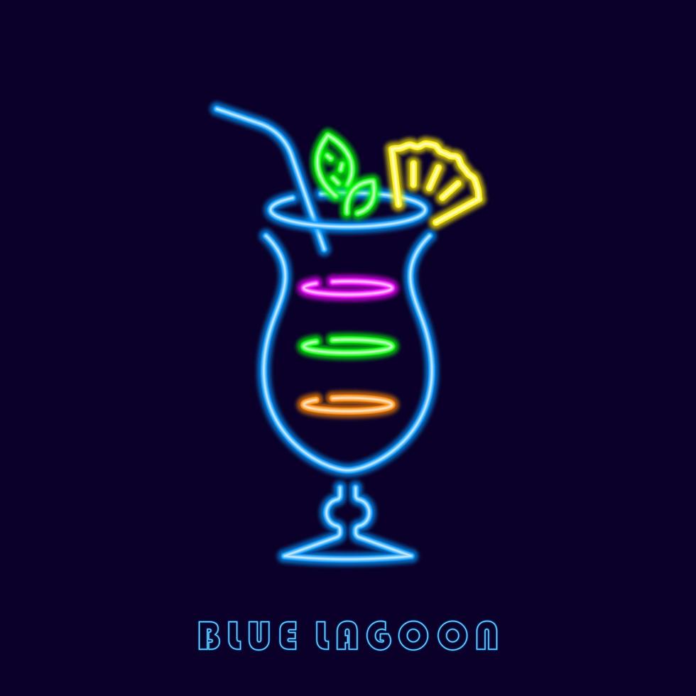 Neon blue lagoon cocktail. Colorful drink in luminous highball glass with straws and pineapple wedge. Abstract refreshing long drink with pleasant vector taste