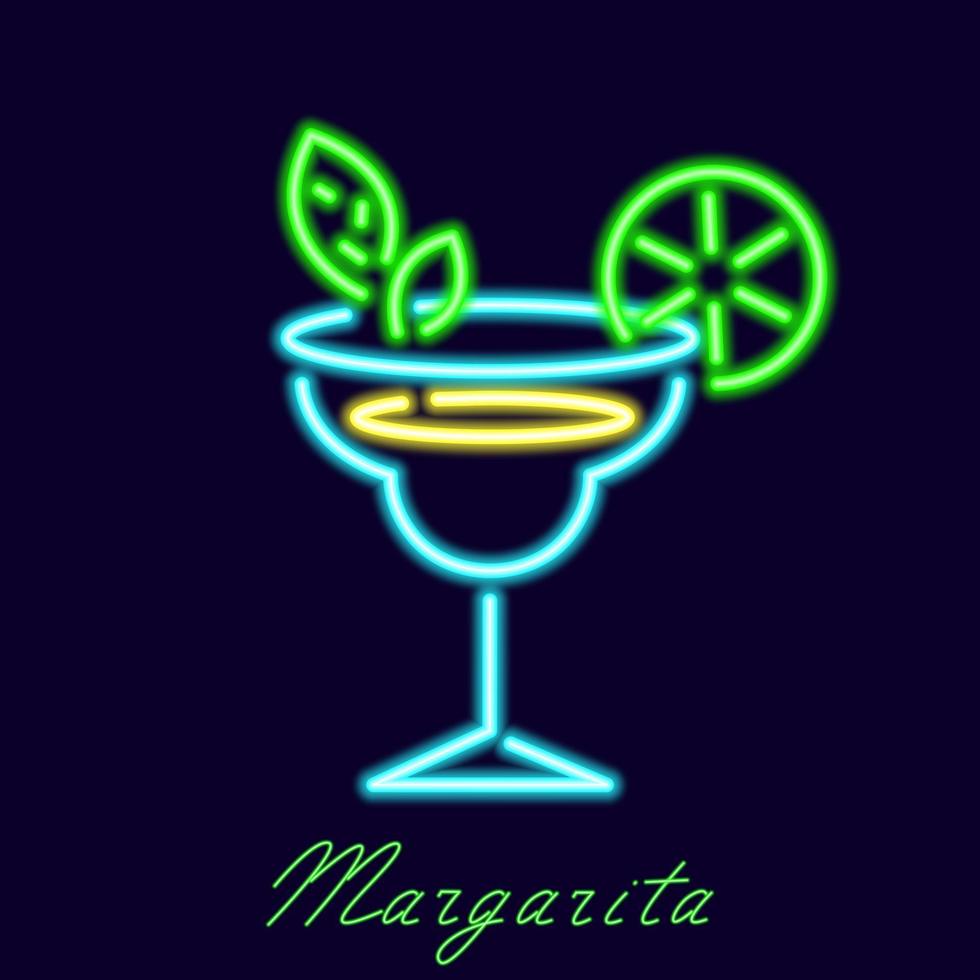 Neon margarita cocktail. Long drink drink in luminous glass with slice of green lime and mint. Abstract refreshing sour with classic nice vector flavor
