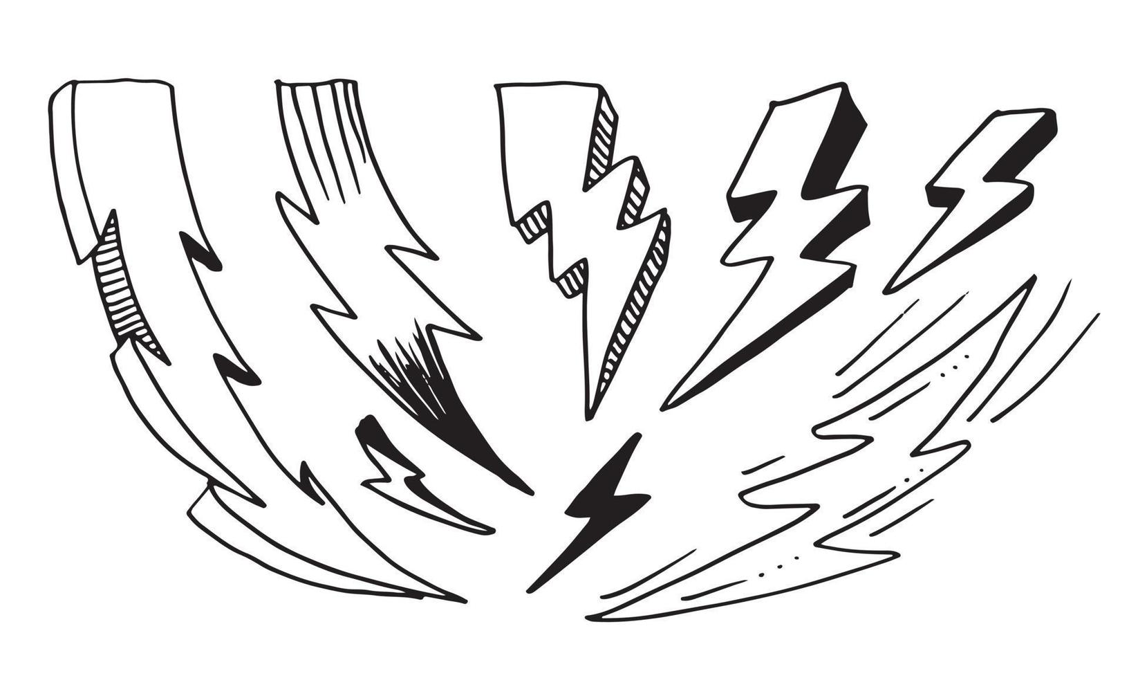 set of hand drawn vector doodle electric lightning bolt symbol sketch illustrations. thunder symbol doodle icon .