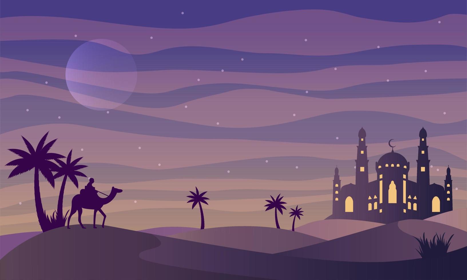 Man riding camel in desert night with mosque and moon background. Islamic concept, arabian desert landscape night view, silhouette vector illustration.