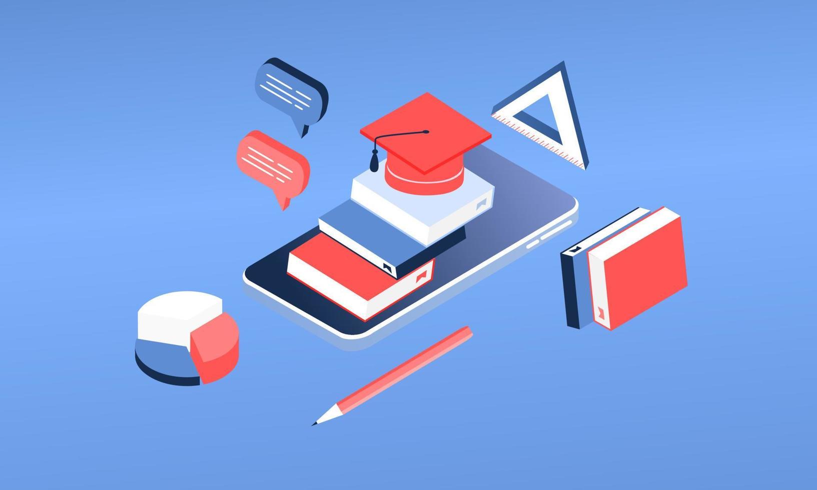 Modern 3d isometric concept of Online Education for banner website. Page template vector illustration of online learning, internet course, remote, tutorial on laptop or mobile phone application.