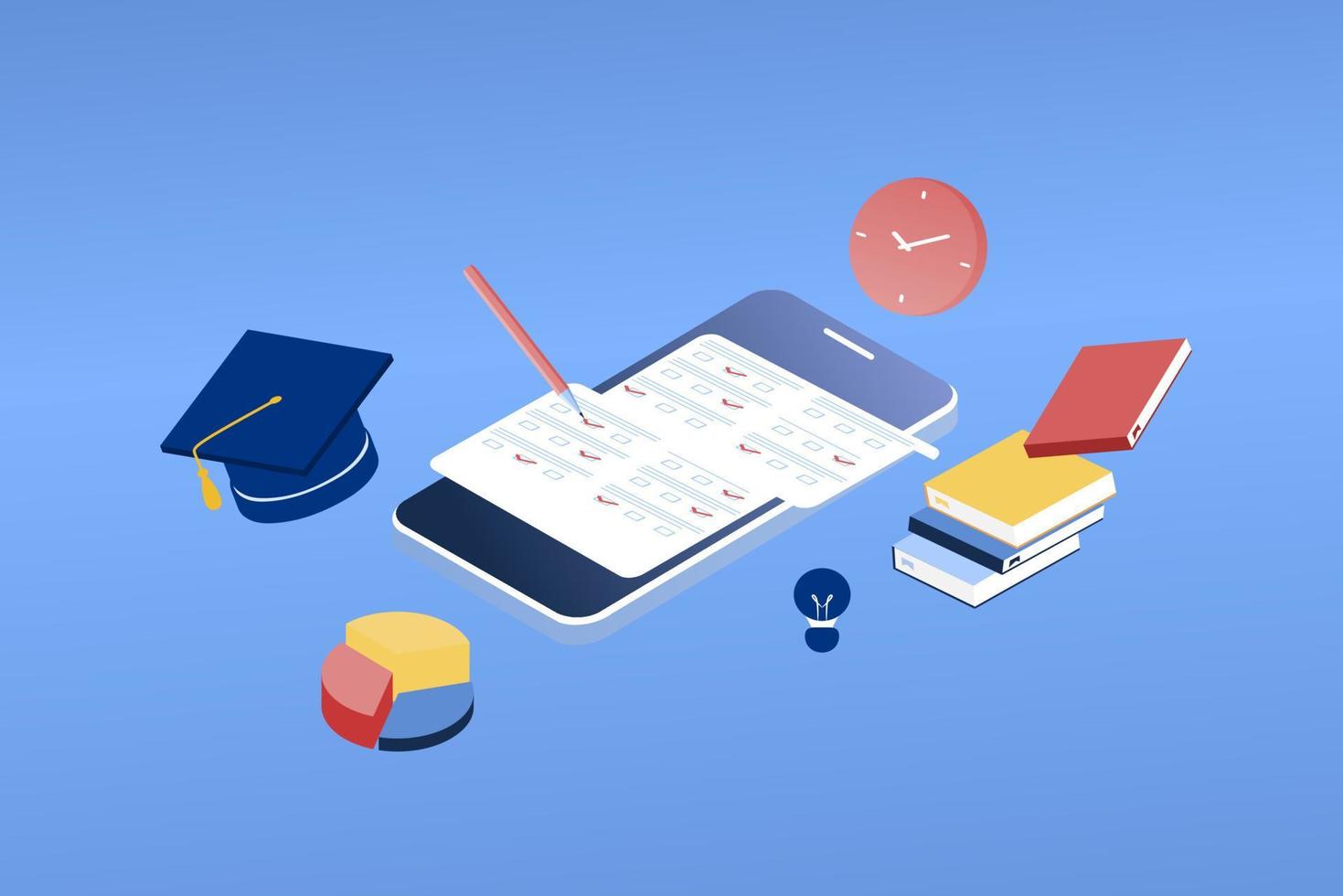3D isometric page template for online examination on smartphone or computer. Online test, opinion checklist, online education, questionnaire form, survey metaphor, answer internet quiz. vector