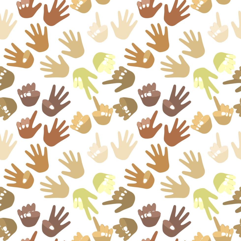 Seamless pattern of palms of different races, different colors. For mental math school, math course, creative children. Finger counting. Math. Modern design vector illustration concept for website