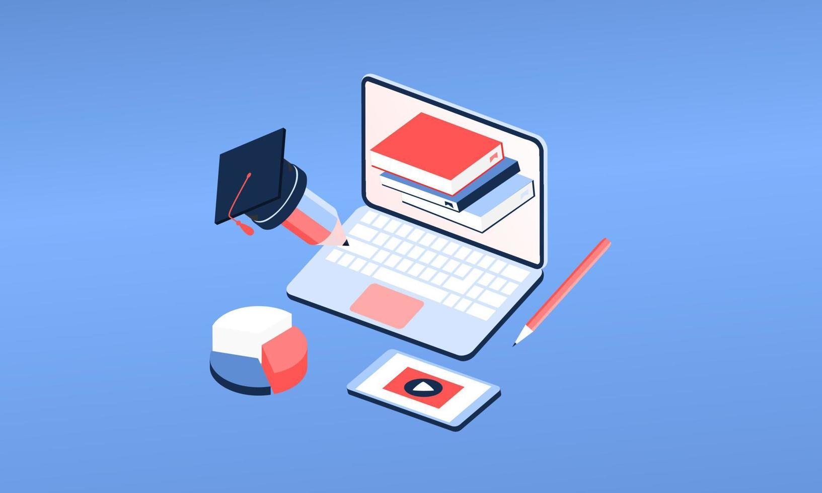 Modern 3d isometric concept of Online Education for banner website. Page template vector illustration of online learning, internet course, remote, tutorial on laptop or mobile phone application.