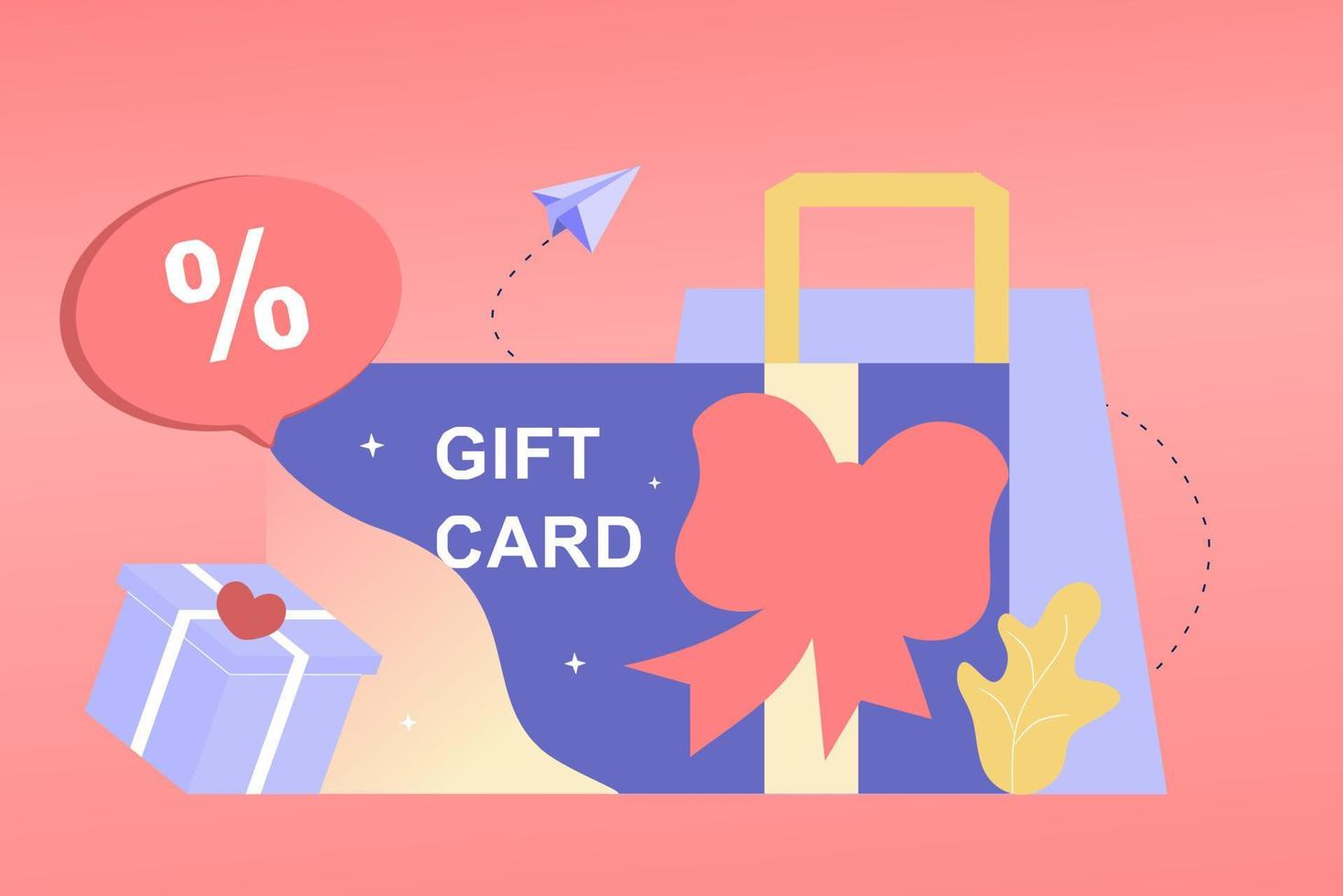 Customers getting gift card, gift voucher, discount coupon, earn points, gift certificate for promotion strategy. 3D Vector illustration template for sale, loyalty program, bonus, promotion concept.