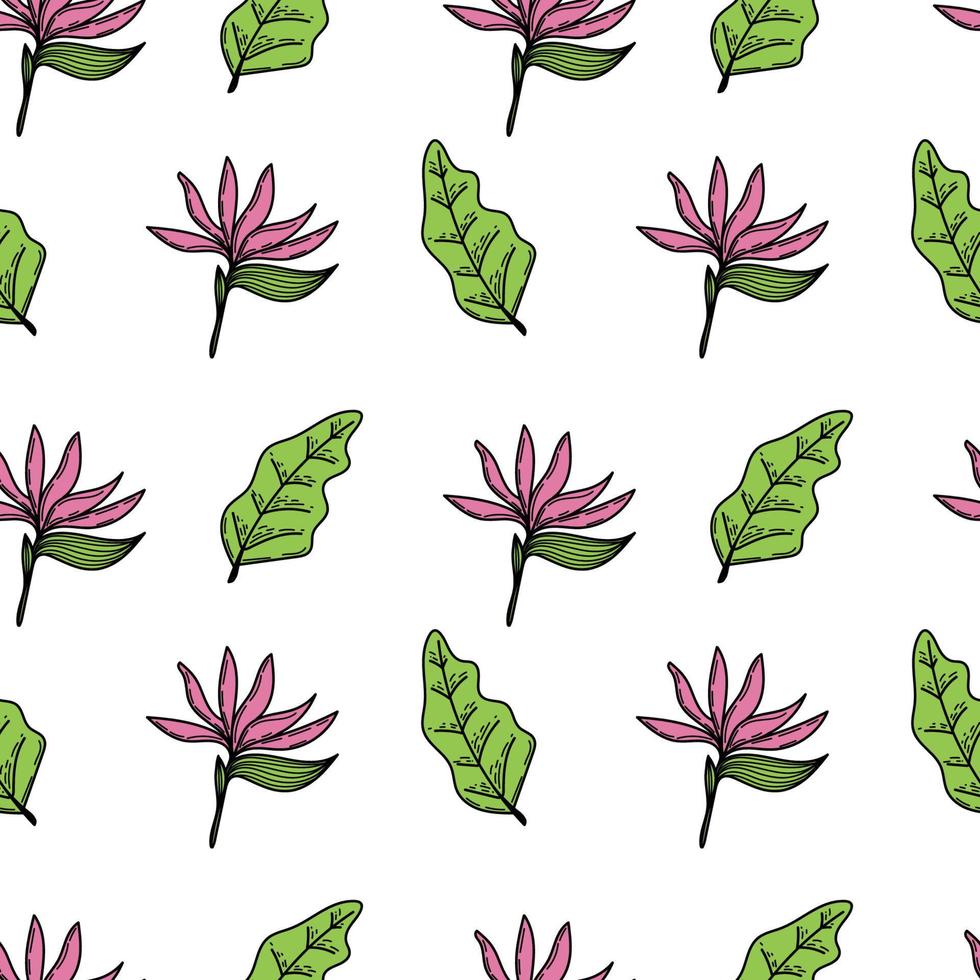 A seamless pattern of a tropical strelitzia flower and leaves. Hand-drawn elements in a doodle style sketch, bright flower and greenery. Tropics. Strelitzia. Isolated vector illustration