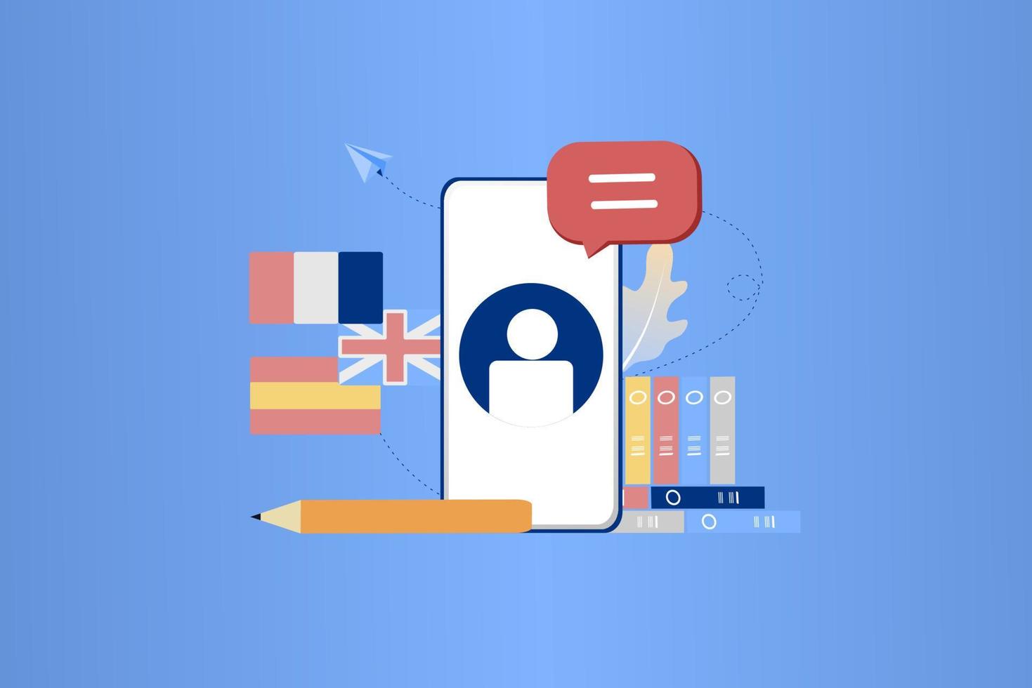 Modern 3D online languages learning class, language courses banner template for website and mobile app development. Literal translation, language assistant, e-learning concept. Vector illustration.