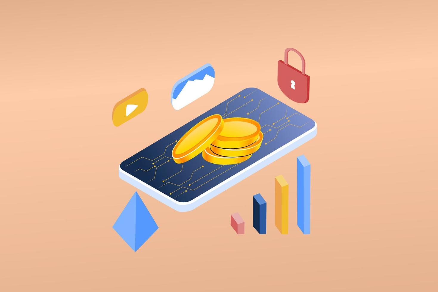 NFT non fungible token infographic with lines and dots network. Pay for unique collectible in video, game, art. Isometric vector illustration of NFT with blockchain technology for web banner template.