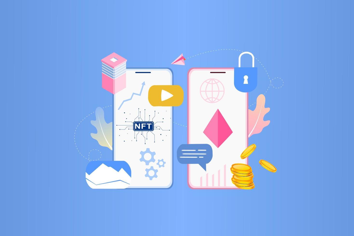 NFT non fungible token infographic with lines and dots network. Pay for unique collectible in video, game, art. Isometric vector illustration of NFT with blockchain technology for web banner template.