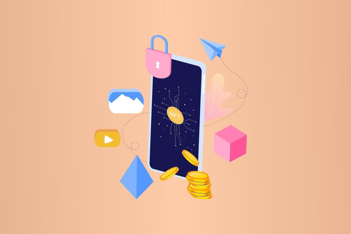 NFT non fungible token infographic with lines and dots network. Pay for unique collectible in video, game, art. Isometric vector illustration of NFT with blockchain technology for web banner template.