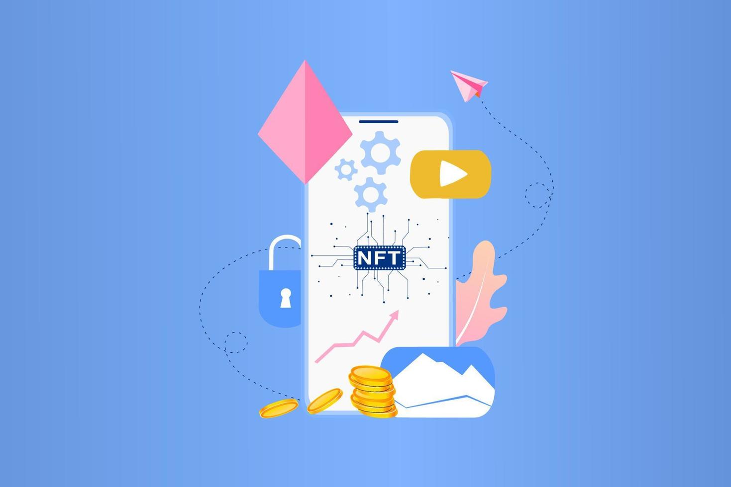 NFT non fungible token infographic with lines and dots network. Pay for unique collectible in video, game, art. Isometric vector illustration of NFT with blockchain technology for web banner template.