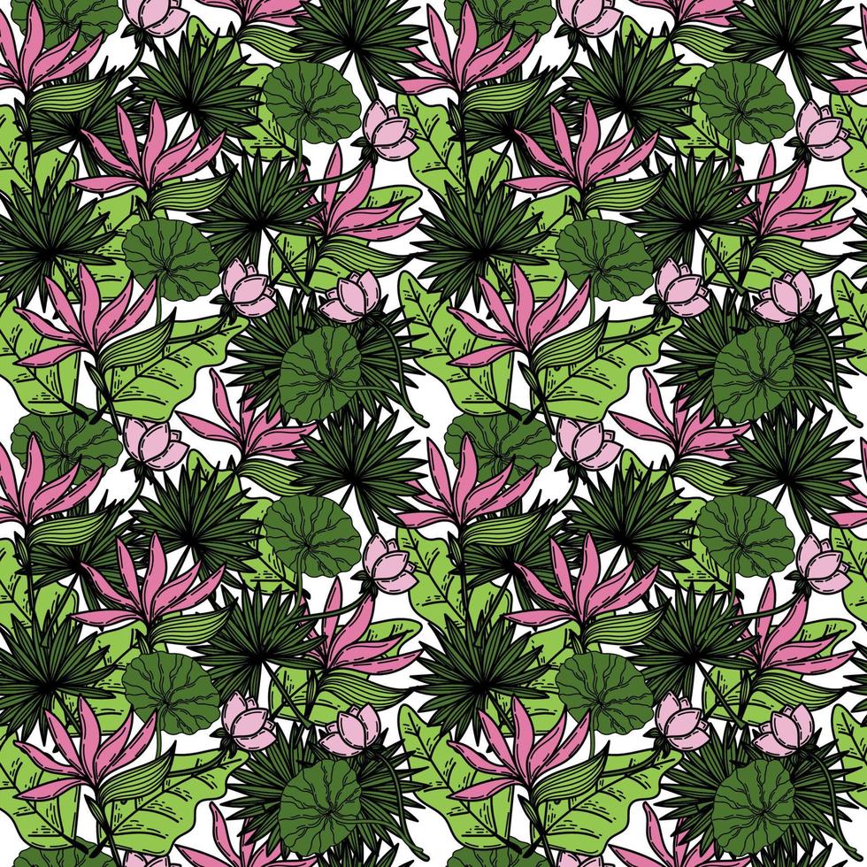 Seamless pattern of tropical strelitzia flower, palm tree leaves, lotus leaves and foliage. Hand-drawn doodle-style elements, bright flower and greenery. Tropics. Summer. Strelitzia. Isolated vector