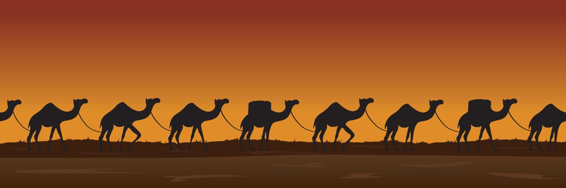 Camels caravan travelling through desert on sunset seamless vector illustration