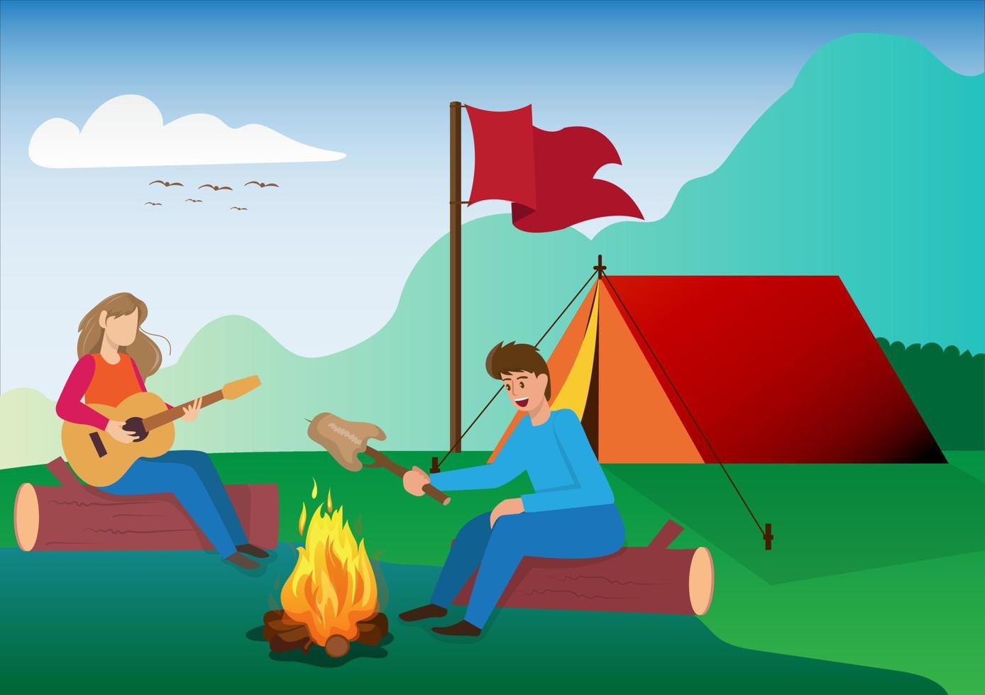 parejas jóvenes saliendo y acampando en vacaciones de verano ilustración vectorial vector