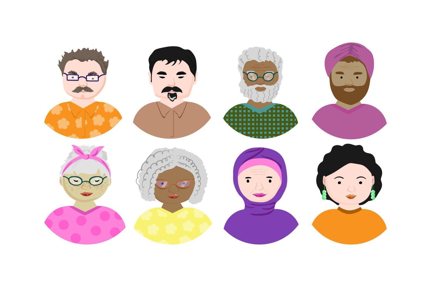 un conjunto de avatares para gente agradable. un grupo diverso de hombres y mujeres jóvenes. personas de diferentes razas. ilustración vectorial de estilo plano vector