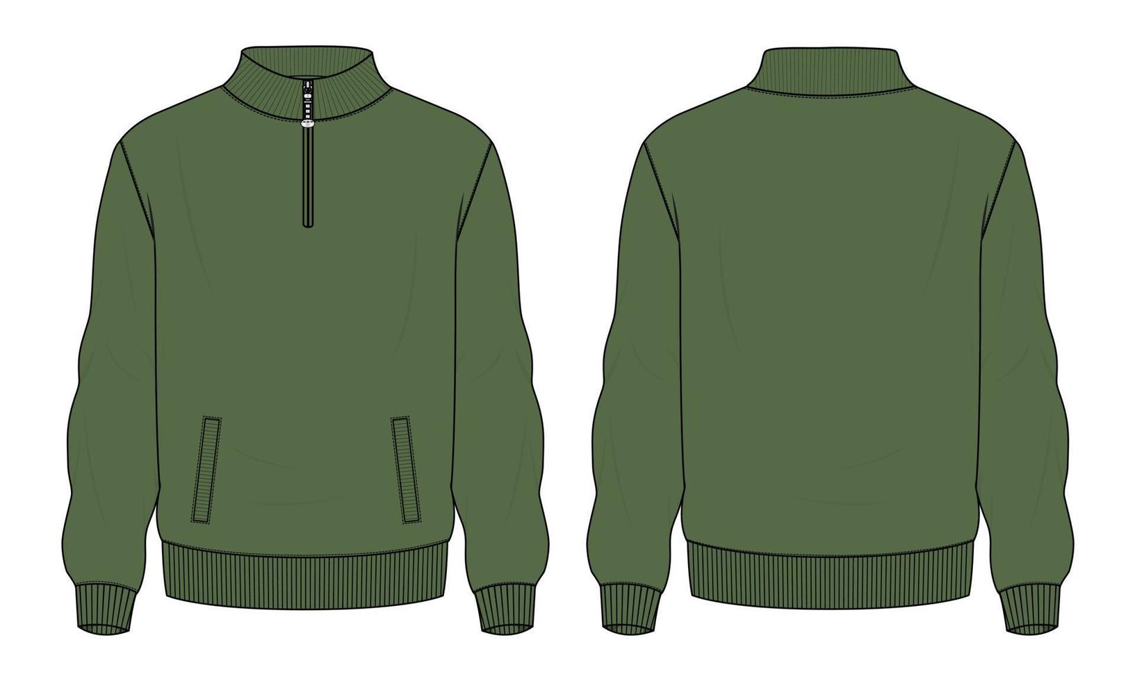 chaqueta de manga larga moda técnica boceto plano ilustración vectorial plantilla de color verde vistas frontal y posterior. vector