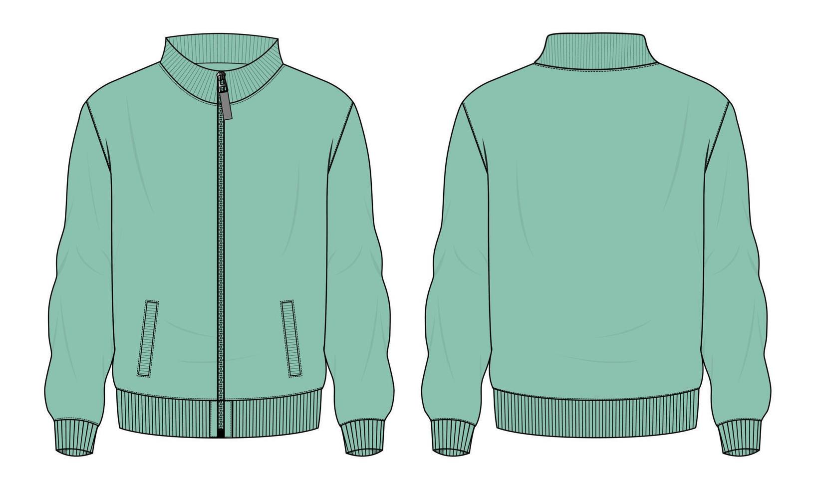 chaqueta de manga larga moda técnica boceto plano ilustración vectorial plantilla de color verde vistas frontal y posterior. vector