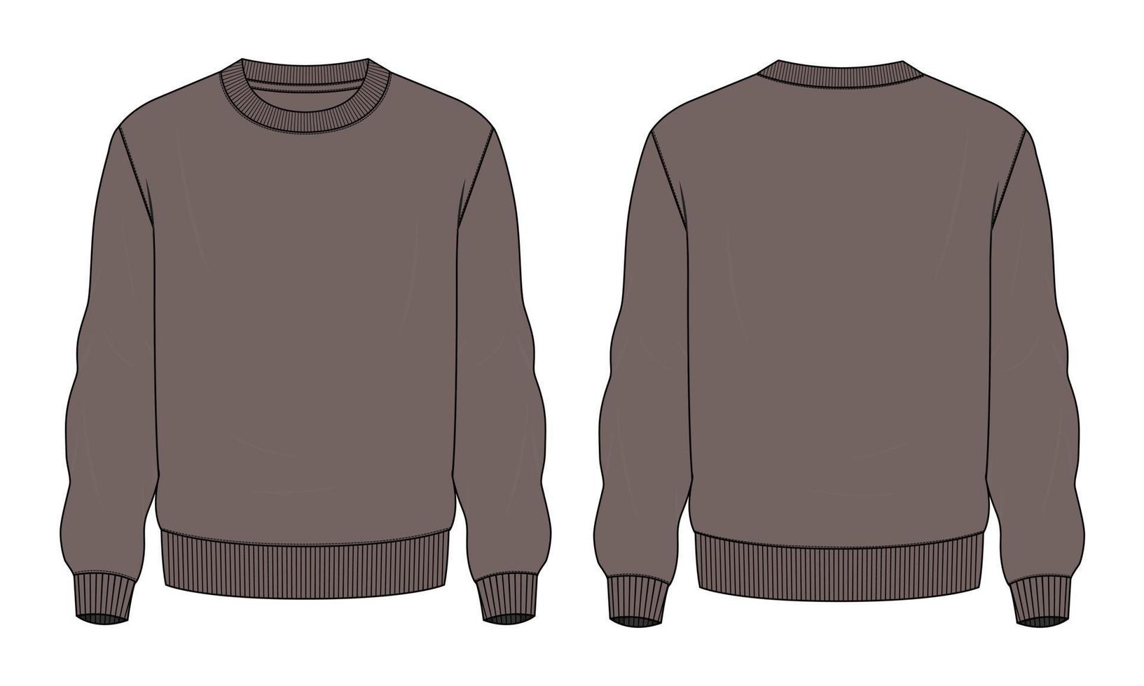 Long Sweatshirt technical fashion flat sketch vector illustration Khaki Color template front and back views.