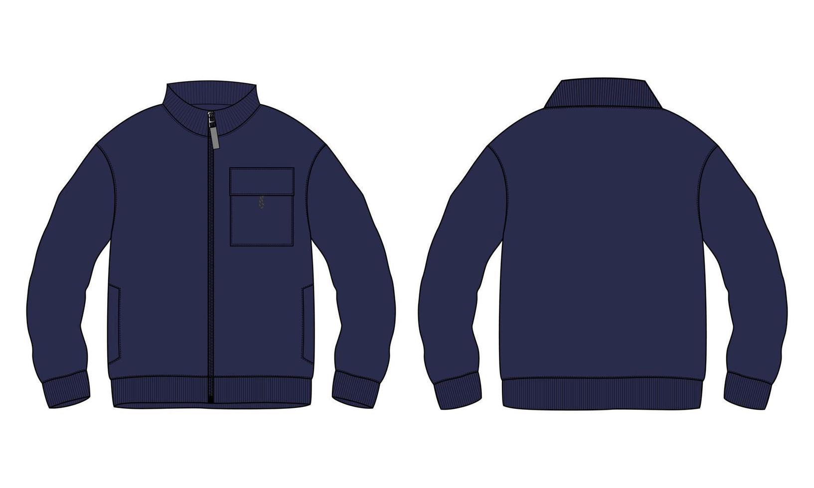 chaqueta de manga larga moda técnica boceto plano ilustración vectorial plantilla de color azul marino vistas frontal y posterior. vector