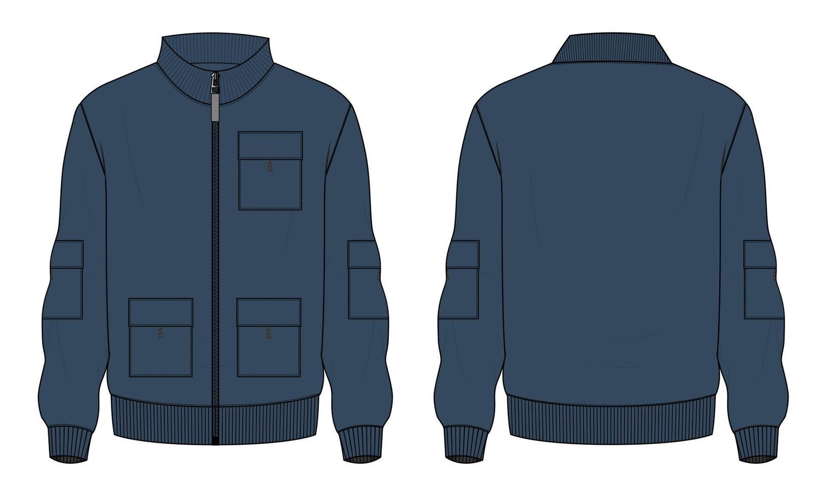 Long sleeve jacket technical fashion flat sketch vector illustration Navy blue Color template front and back views.