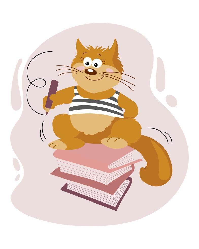 Illustration, a cute cheerful scientist ginger cat with a pencil sits on a  stack of books. Funny scientist cat. Children's illustration for school,  postcard, vector 7494968 Vector Art at Vecteezy