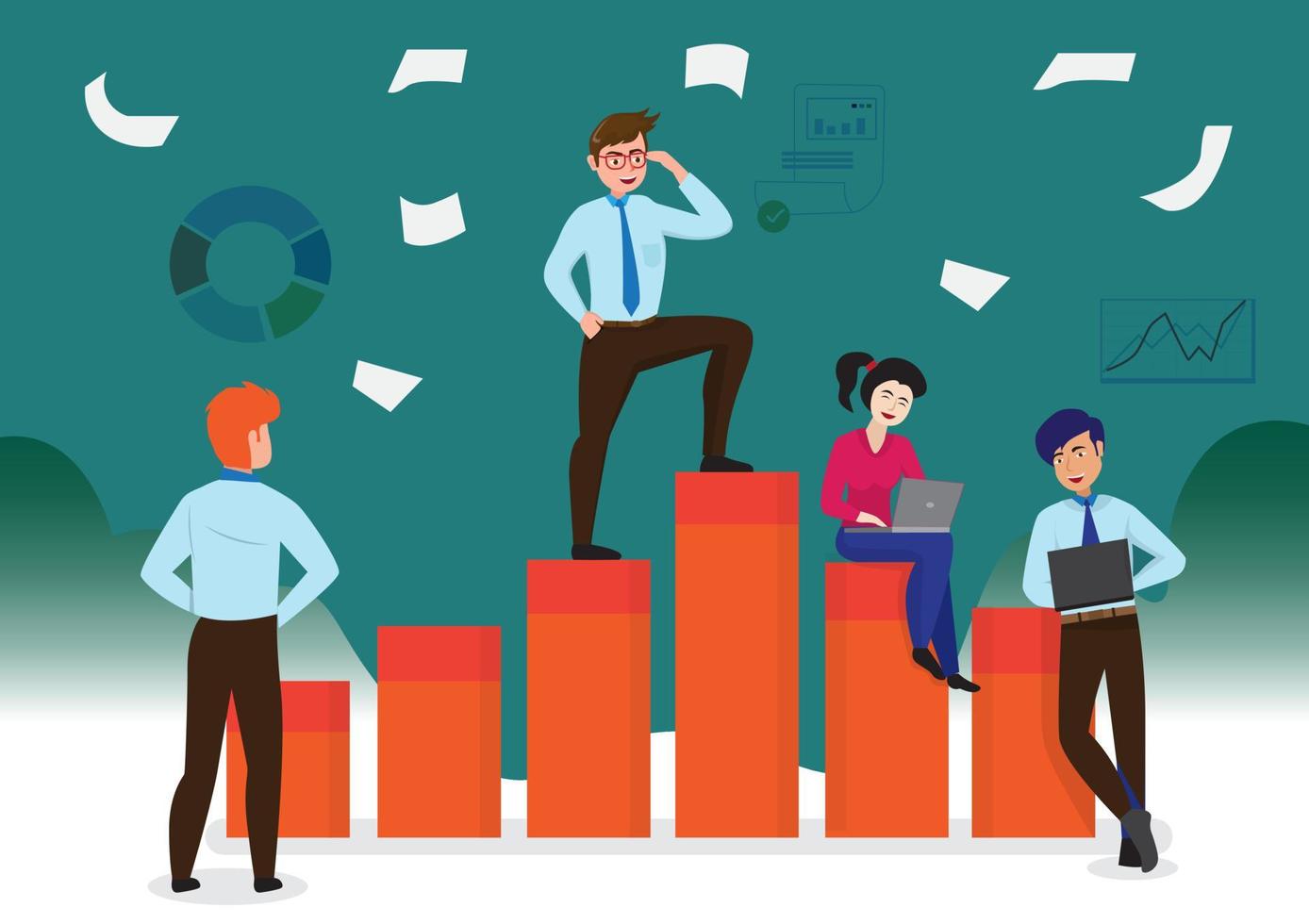 Male and female staff working as a team standing on a bar graph vector illustration