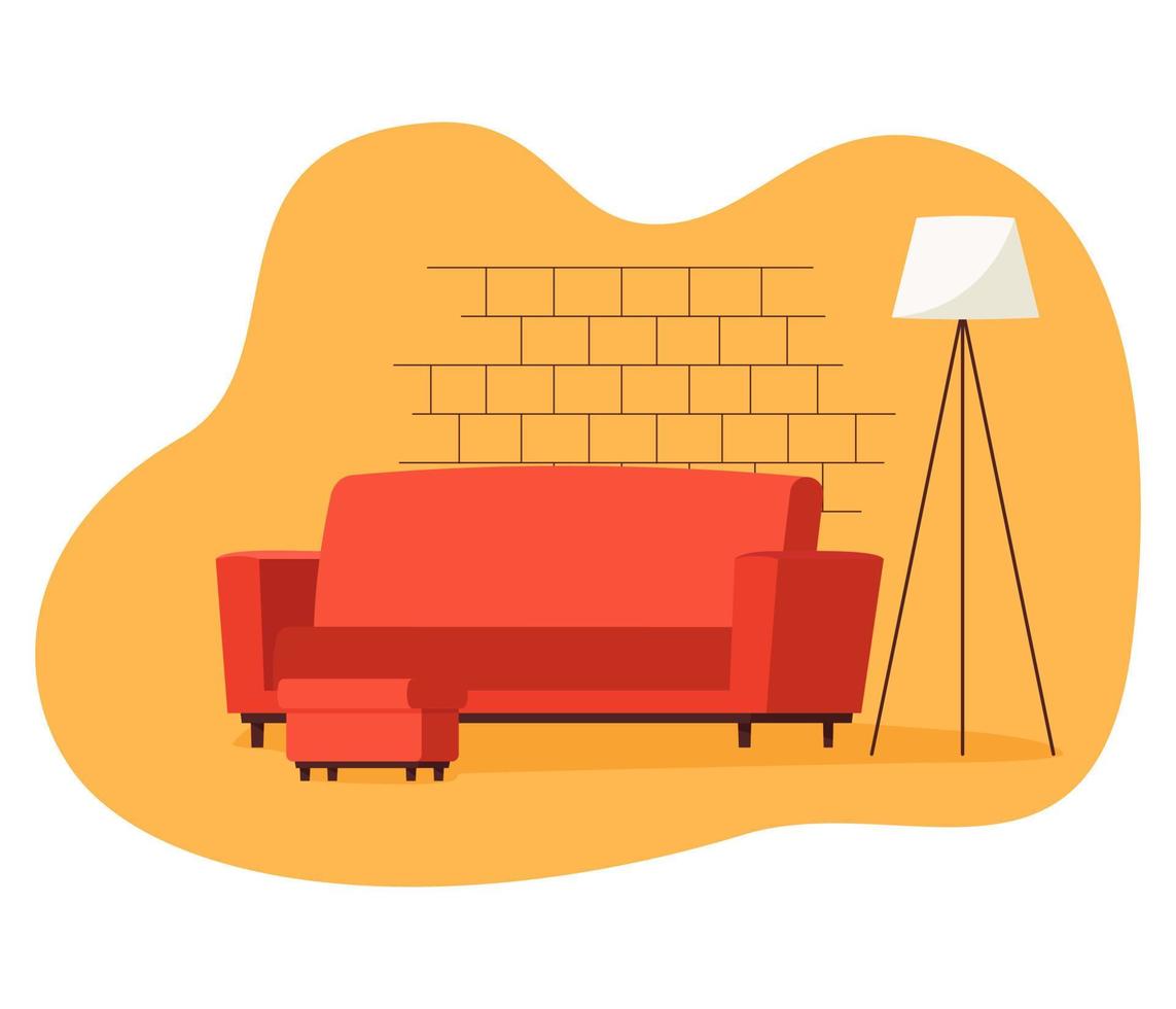 Colorful living room with sofa and footstool. Padded stool. Flat vector illustration.