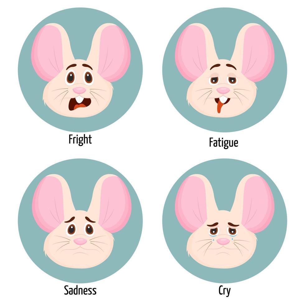 Set of different emotions of a mouse character. Facial expression. Set of mouse character feelings. vector