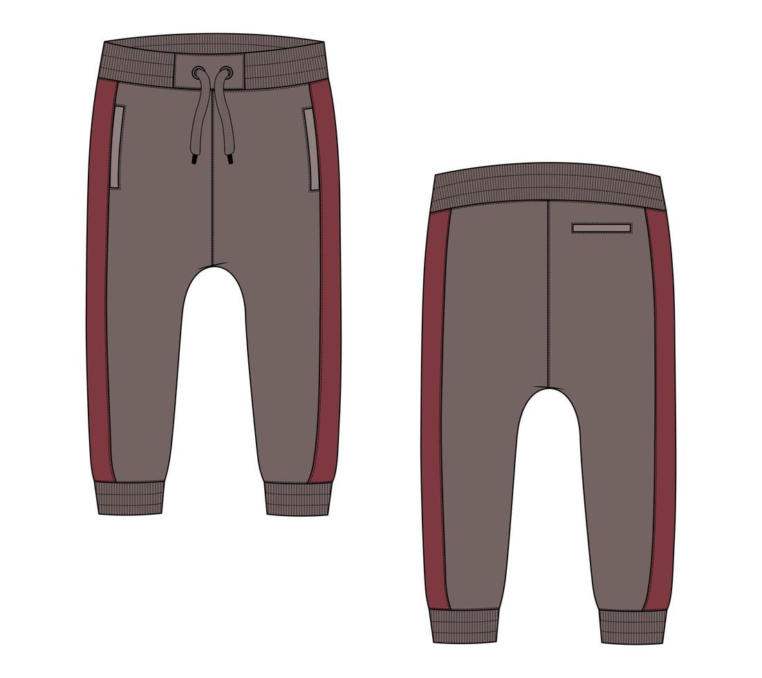 Two tone red, khaki color Basic Sweatpant technical fashion flat sketch template for kids. vector