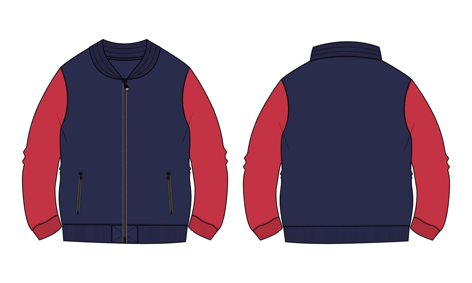 dos tonos de color rojo y azul marino manga larga y chaqueta con cremallera sudadera moda técnica dibujo plano vector ilustración plantilla