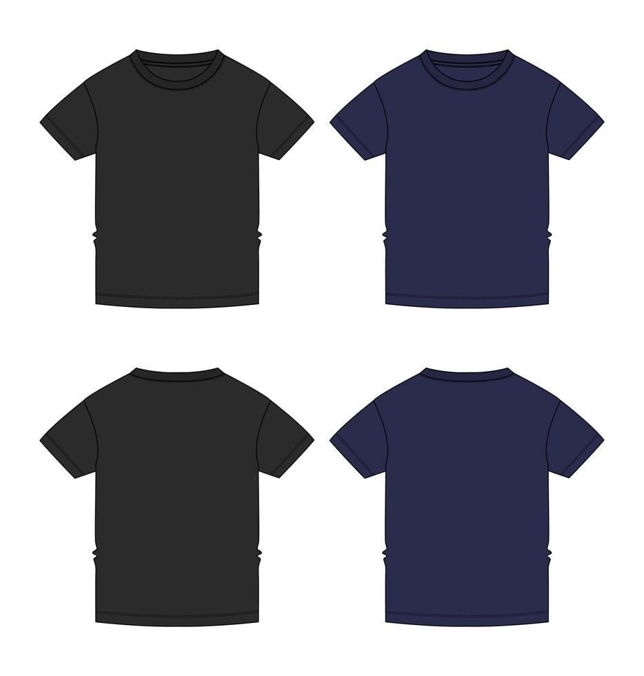 Short sleeve Basic T-shirt overall technical fashion flat sketch vector Illustration black and navy color  Mock up template for Kids and boys.