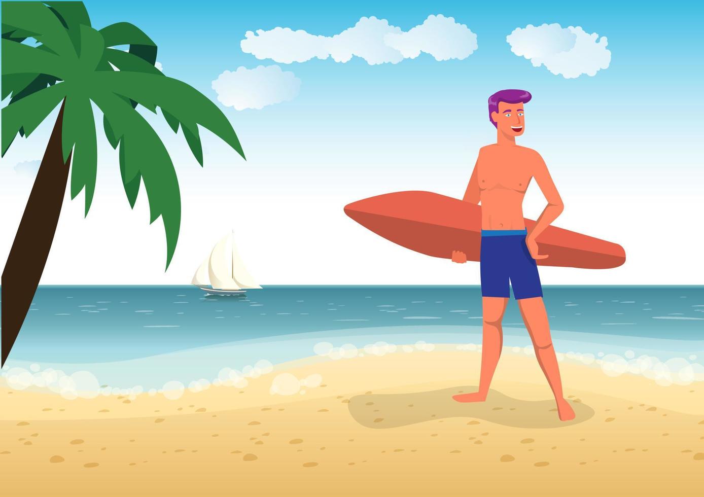 The young man had a weekend getaway going to the sea for surfing. vector