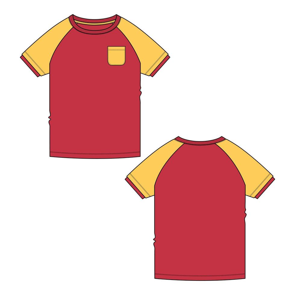 camiseta básica de raglán de manga corta de color rojo y amarillo de dos tonos con plantilla de ilustración de vector de boceto plano de moda técnica de bolsillo vistas delanteras y traseras.