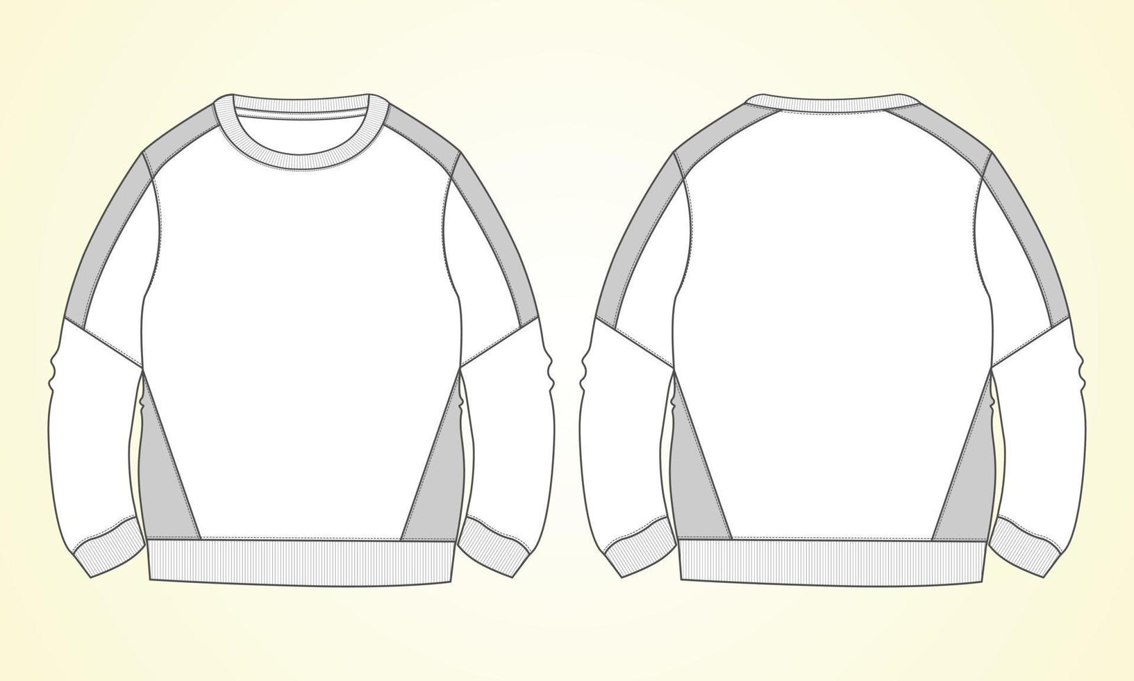 sudadera de manga larga de jersey de algodón polar vista frontal y trasera de la plantilla de ilustración vectorial de boceto plano de moda técnica. vector