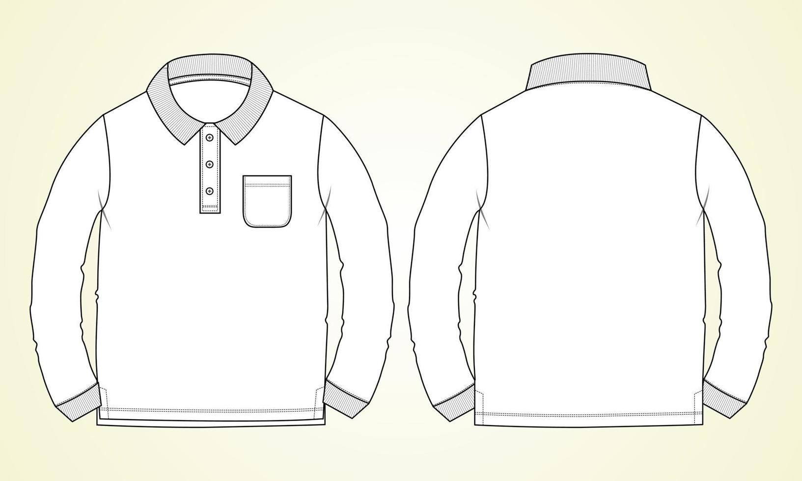 Long sleeve Polo shirt with pocket technical fashion flat sketch vector illustration template front and back views.