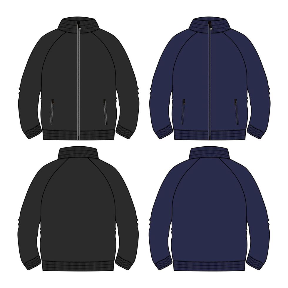 Fleece Jersey Long sleeve Sweatshirt  Black and navy color template front and back views isolated on white background. vector