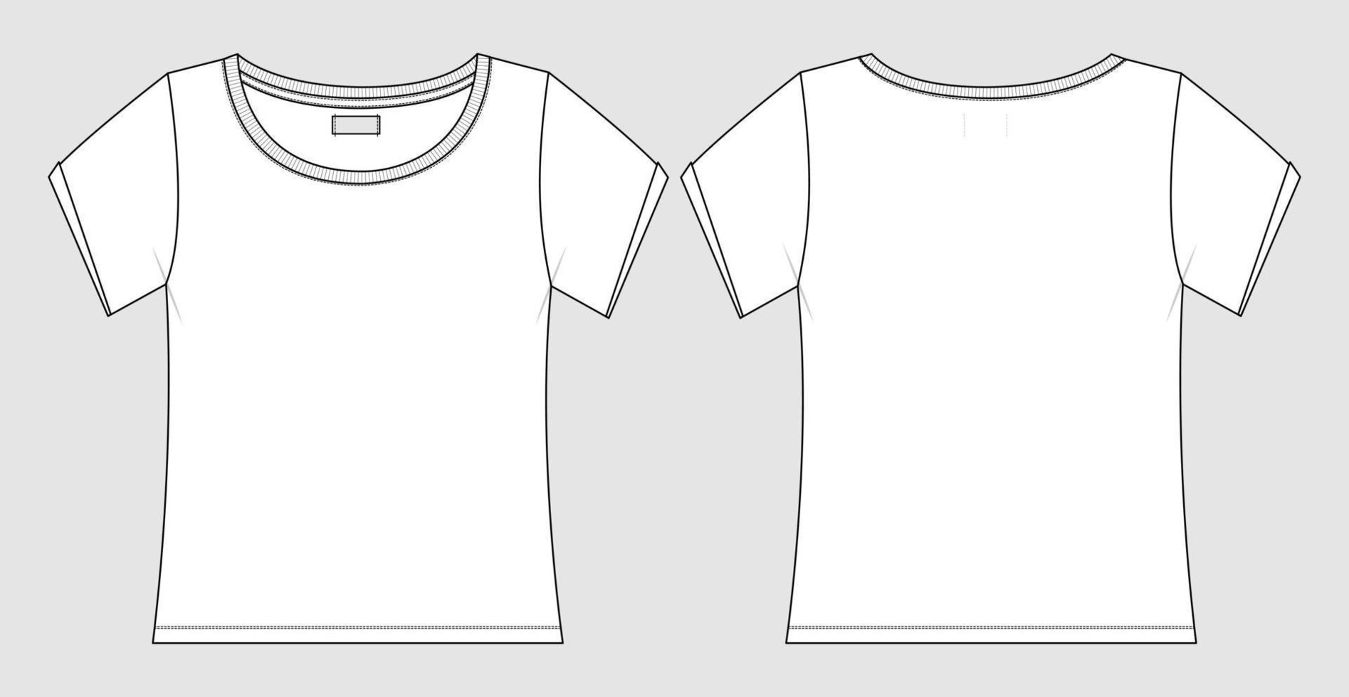 Vista frontal y posterior de la plantilla de ilustración vectorial de boceto plano de moda técnica de camiseta básica de ajuste regular de manga corta. vector